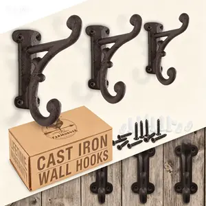 3 Pack Heavy Duty Cast Iron Coat Hooks, Rustic Dark Brown Wall Mounted, Farmhouse Decorative Wall Hooks for Hanging Coats, Hats, Towels, Heavy Duty Hall Tree Hooks for Entryway, Durable Metal Coat Hooks with Mounting Hardware Included