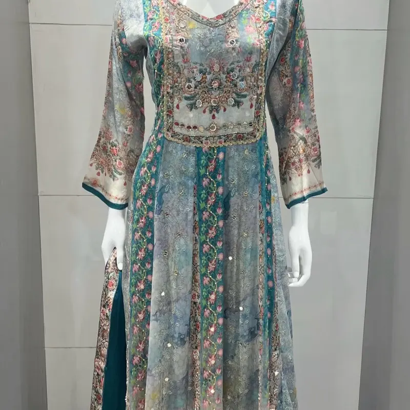 Teal blue in Premium Chinnon Fabric 3-Piece Anarkali Outfit, Beadwork, full embroidery and sequence work on the neckline and Digital Print A-Line Kurti Set