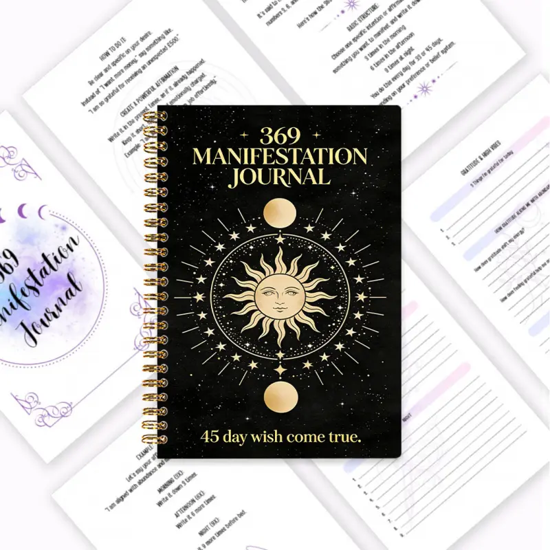 369 Manifestation Diary, black and gold sun and star cover notebook, A5 spiral-bound portable design, 45-day plan book for realizing wishes, containing daily gratitude + affirmations + 3-6-9 guided exercises, activates subconscious energy, essential for s