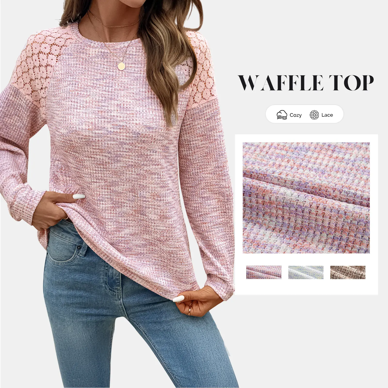 Shewin Women's Chic Knitwear Piece - Feminine Basics Polyester-Elastane Waffle Knit Fabric Sweatshirt, Long Lace Trim Sleeves, Relaxed Cut Soft Blend Pullover, All-Day Stretch, Everyday Style for Home & Café,sohochic