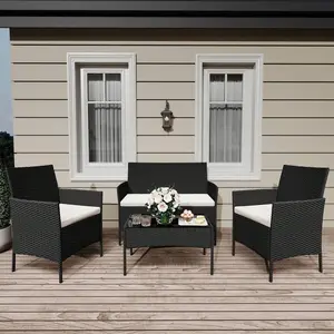 Outdoor Furniture Set, 4-Piece PE Rattan Wicker Chairs with Soft Cushions and Tempered Glass Coffee Table - All-Weather Patio Furniture Set for Backyard, Porch