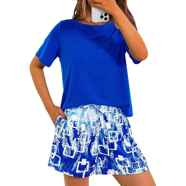 PrettyGarden Women's Summer 2-Piece Outfits Short Sleeve Plain Tee Shirts Printed Shorts Lounge Sets  With Pockets And Drawstring