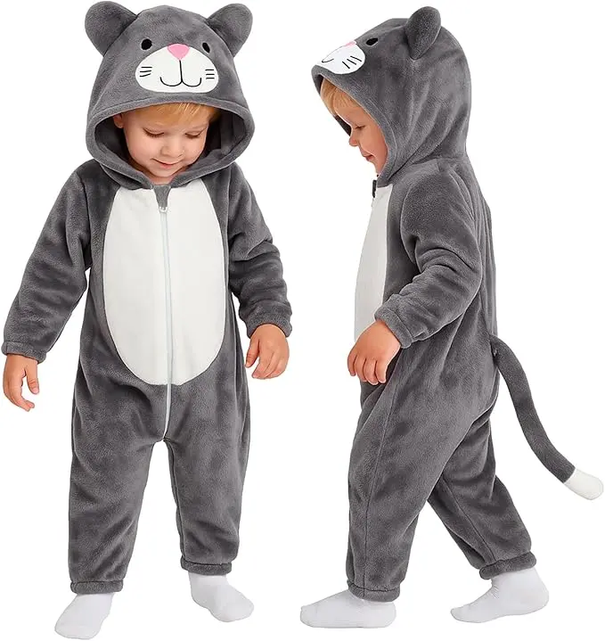 Baby Cat Hooded Romper Kids Animal Costume Flannel Outfit Jumpsuit for Infant Boys Girls