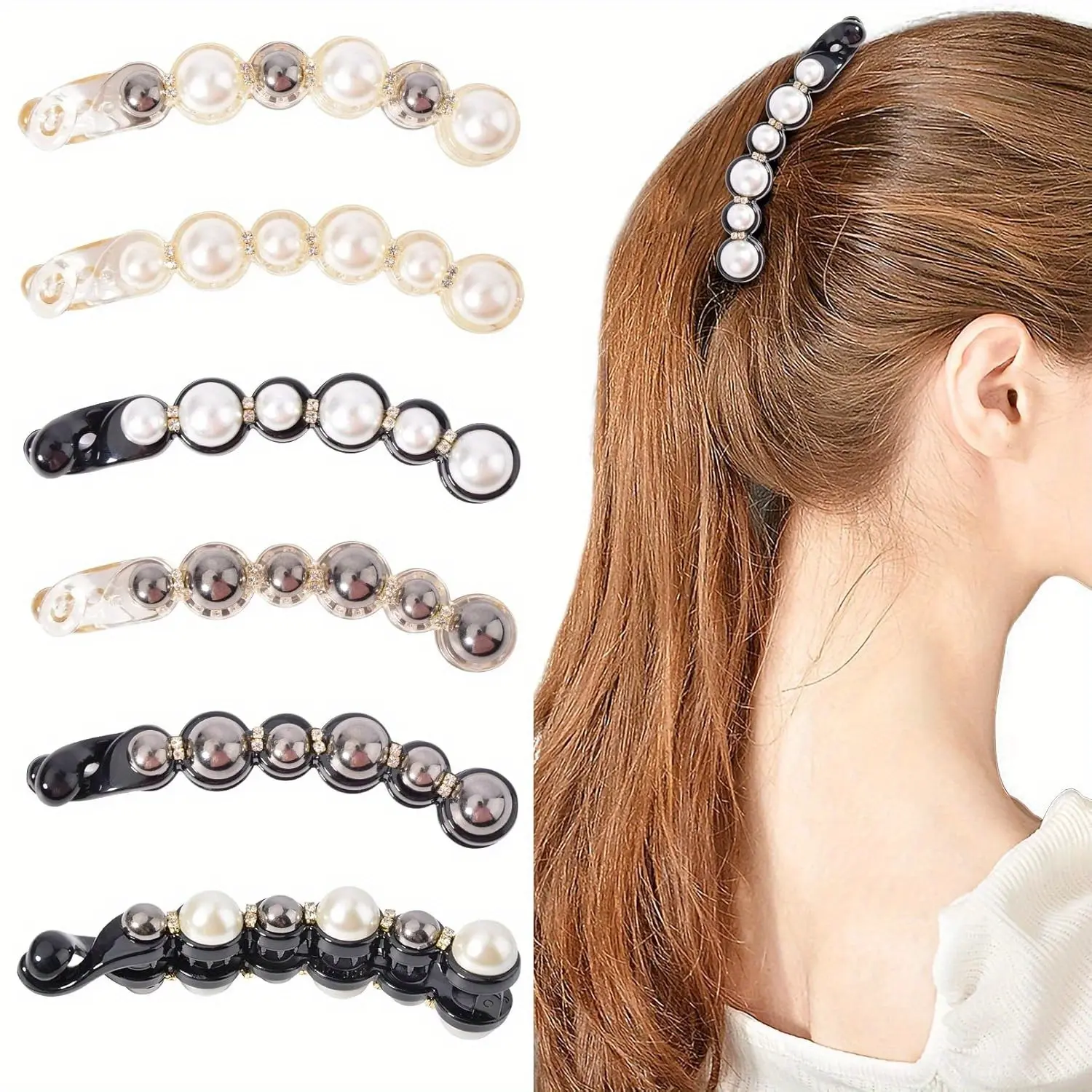 Claw 6PCS Pearl Rhinestone Banana Hair Claw Clips Set 4.1-inch Extended Length for Thick Fine Hair Sparkling Crystal Braided Hair Clips Christmas Gifts, Banana Clip Hair, Extended Size