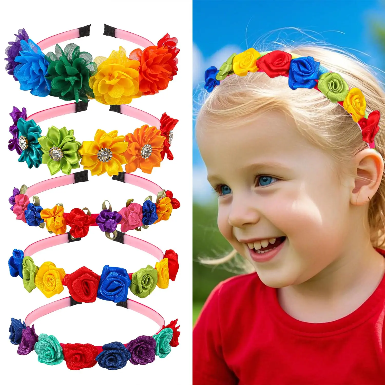Floral Flower Headbands for Girls,Rainbow Chiffon Rose Hair Accessories with Rhinestones  Hairbands for  Teens   Women Pack of 5