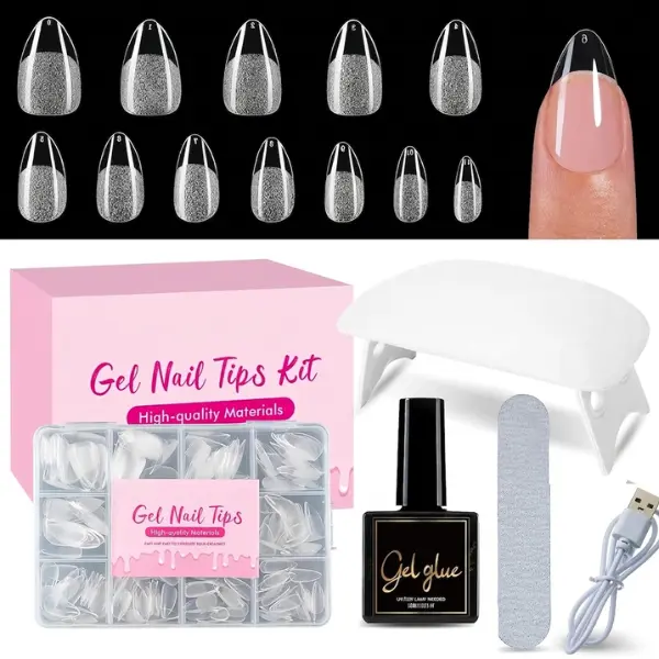 Women's Short Almond Clear Gel Nail Tips Kit, 216Pcs Pre-Etched Full Cover Falsies, 9-in-1 Gel Glue, Portable Mini UV Lamp, 12 Sizes Press-On Nail Art Kit
