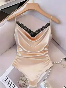 Silk Velvet Lace Jumpsuit, Summer Lightweight Chic Style, Slimming Fit V-Neck Spaghetti Strap Lace Top, Versatile for Dates Parties Daily Wear Womenswear