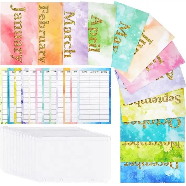 12 Pack A6 Clear Zipper Cash Envelopes with Monthly Expense Tracker Budget Sheets 6 Hole Planner Binder Inserts