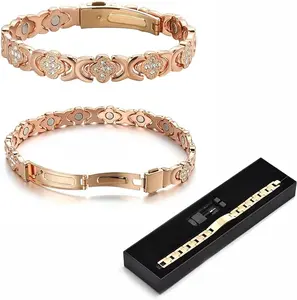 Flower Copper Bracelet, Adjustable Vintage Flower Magnetic Pure Copper Bracelets with Cubic Zirconia for Men & Women, Four-leaf Clover Jewelry with Gift Box