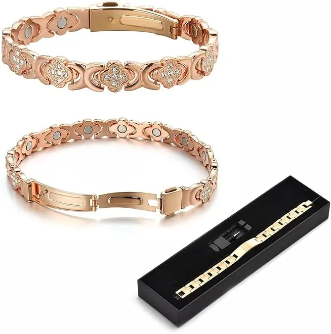 Flower Copper Bracelet, Adjustable Vintage Flower Magnetic Pure Copper Bracelets with Cubic Zirconia for Men & Women, Four-leaf Clover Jewelry with Gift Box