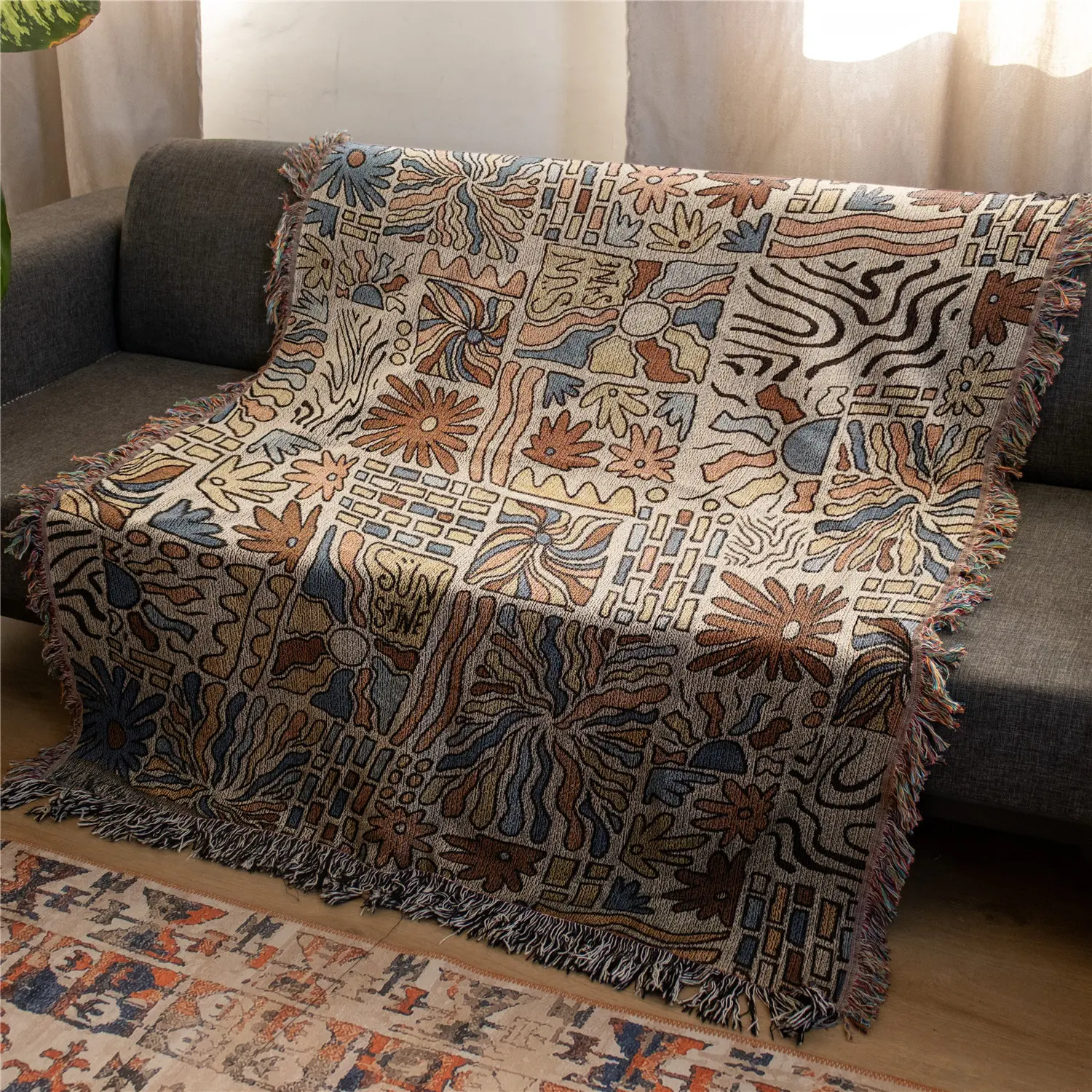 Graffiti Pattern Bohemian Yarn Jacquard Woven Blanket with Tassel, Thick Soft Washable Blanket, Boho Blanket, Throw Blanket, Decorative Blanket, Used for Home Decor Sofa Chair Bed Tapestry Tablecloth Floor Garden Picnic Outdoor Camping