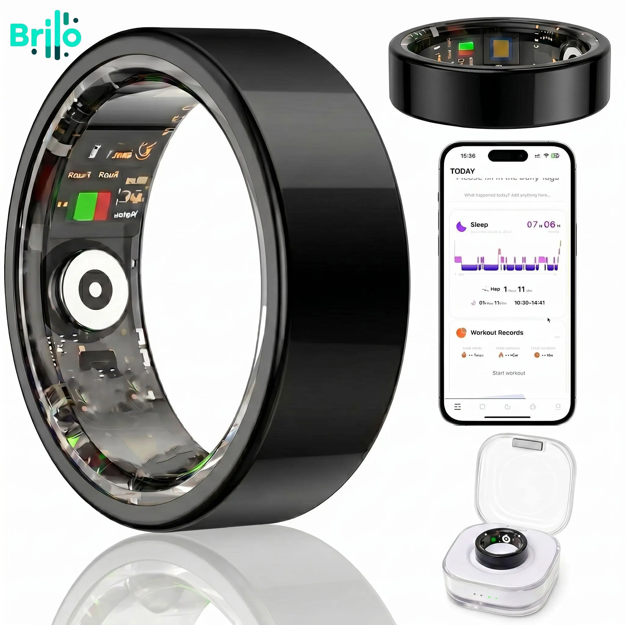 BRILO T12 Titanium Waterproof Smart Ring with Charging Case, Screen-Free Bluetooth Wearable Fitness & Health Tracker, Step Counter, Fitness Metrics, Sleep Insights, Free App for Women, Android-Compatible Tech Gadget