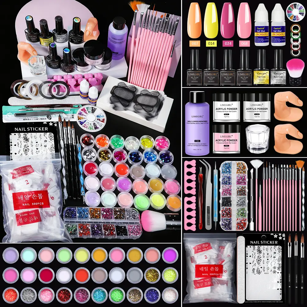 LIMEGIRL Acrylic Nail Kit for Beginners, Complete UV Gel Set with Nude Powder and Lamp for Manicure, Includes Glitter,Decorations