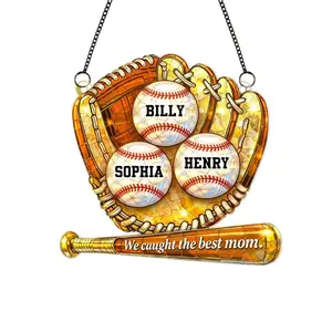 Personalized Best Baseball Softball Mom Gift, Heartfelt Mother Day Gift For Grandma Mom  Wife Nana, Custom Grand Kid Name, Stained Glass Suncatcher Ornament