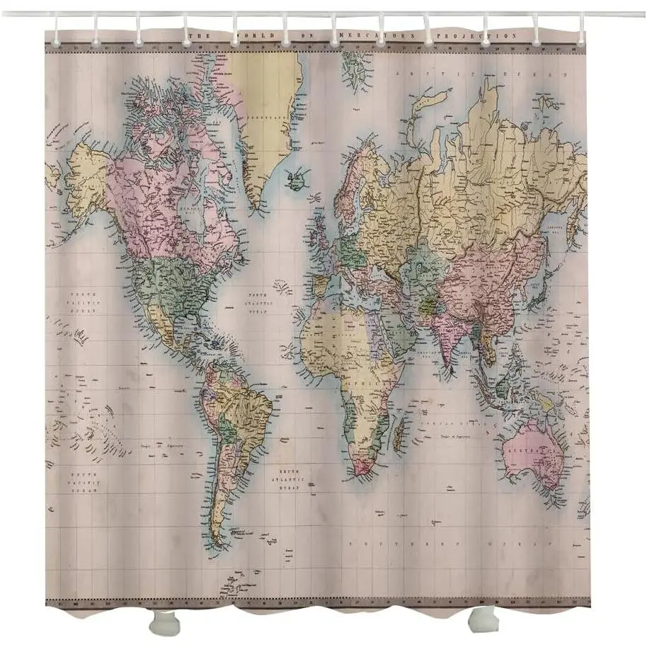 72x72 in Waterproof Lightweight Abstract Colorful Hand-Drawn World Map Shower Curtain with Hanging Hooks, Bathroom Decorative Accessory for Bathtub, Water Proof, Washable