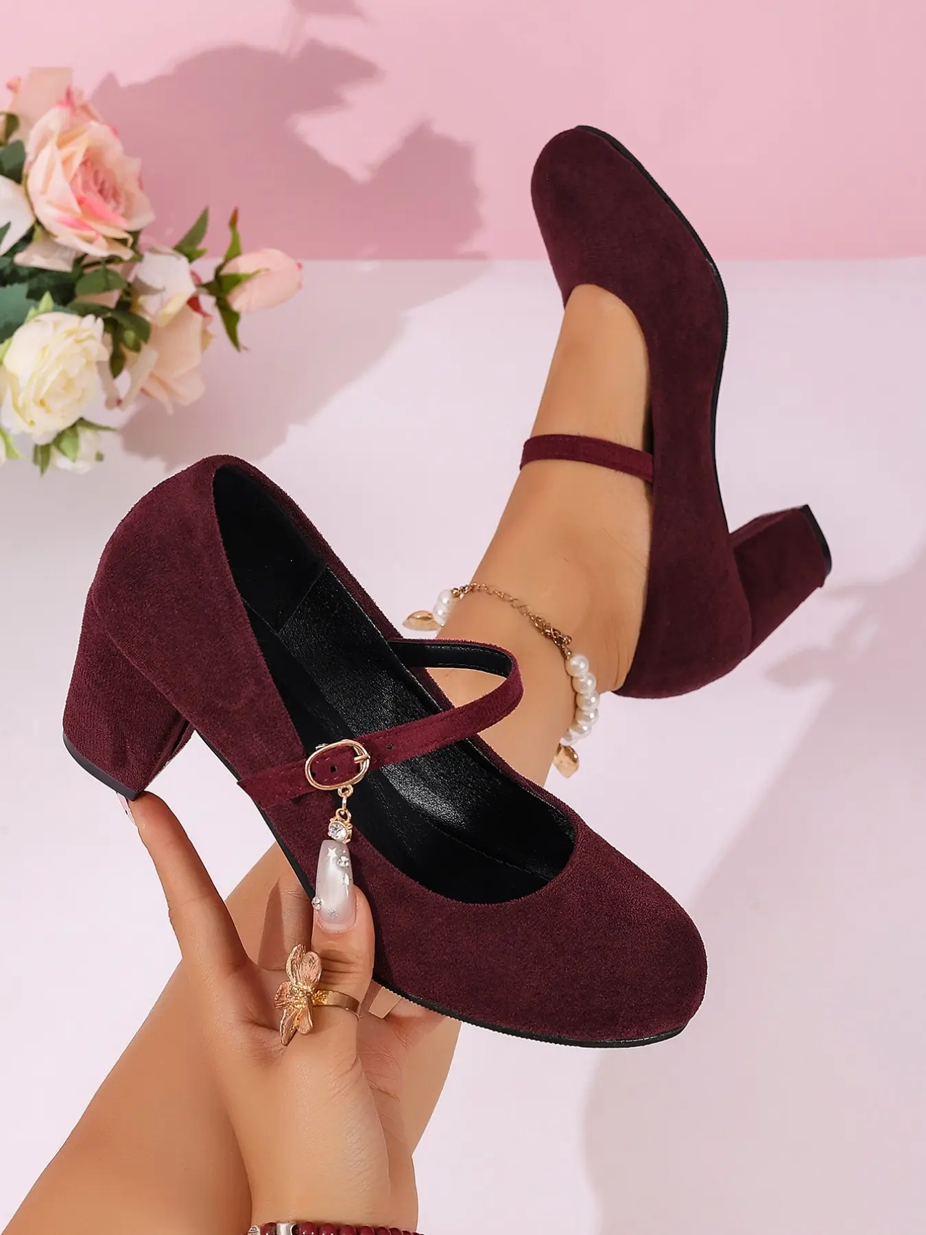 Velvet Classic Mary Jane High Heel Women's Shoes, Cute Thick Sole, Decorative Elegant Classy Vintage Style, Round Toe, Fashionable All-Season Footwear