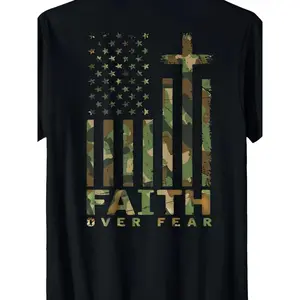Men'S Inspirational Camo & American Flag T-Shirt|   Faith Over Fear Motif, Short Sleeve, Crew Neck, All-Season Casual Wear, Soft Comfortable, Machine Washable, Plus Size Big & Tall, Perfect Gift for Christmas, Black Friday Special Offer
