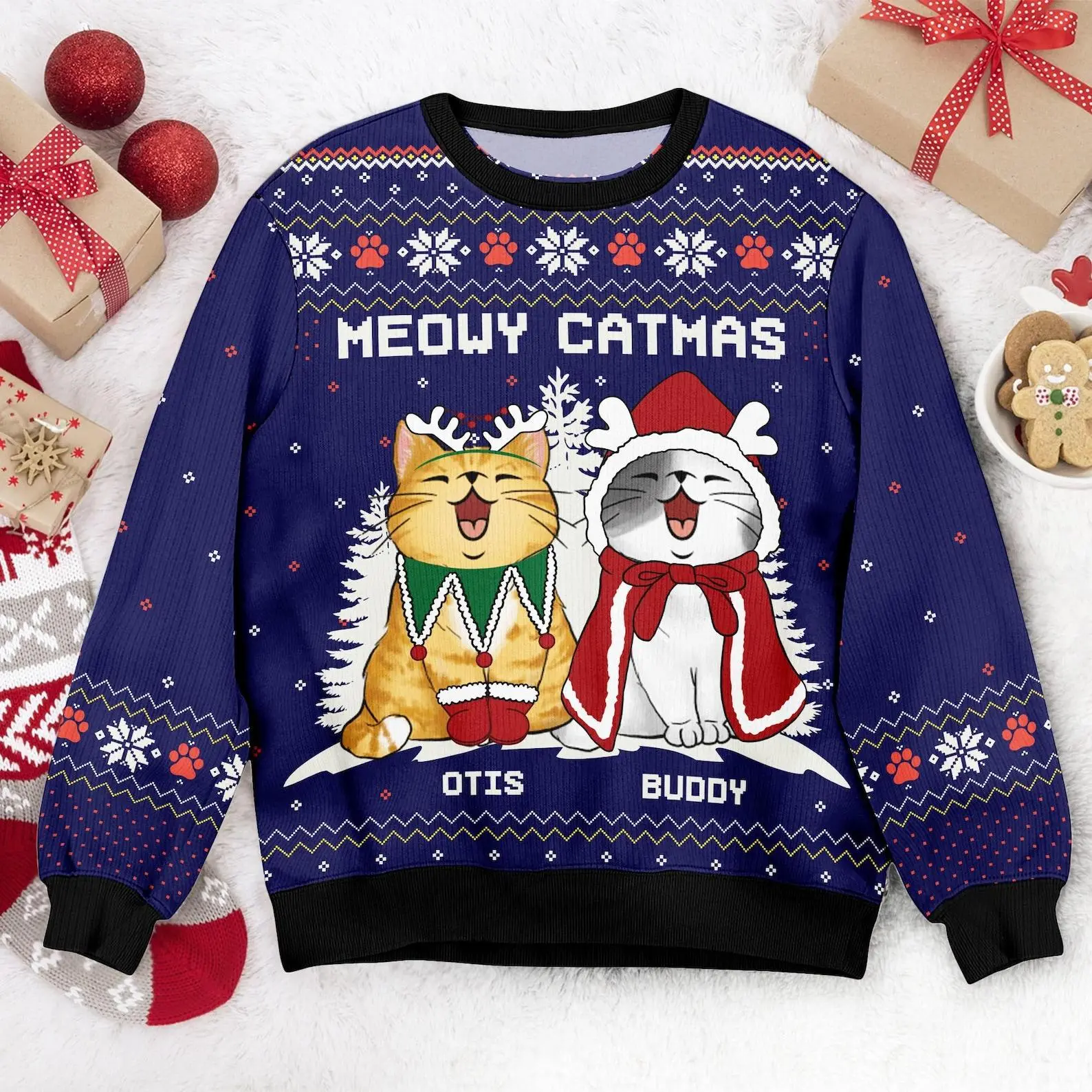 Personalized Cat Meowy Catmas Ugly Christmas Sweater, Custom Cat Ugly Sweater