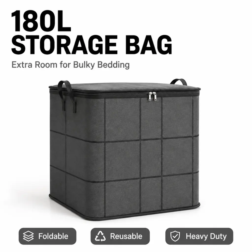 180L Heavy-Duty Foldable Storage Bag, Moisture & Dust Proof Household Organizer with Smooth Dual Zippers, Reusable Sack for Clothes Bedding Outdoor Camping Gear