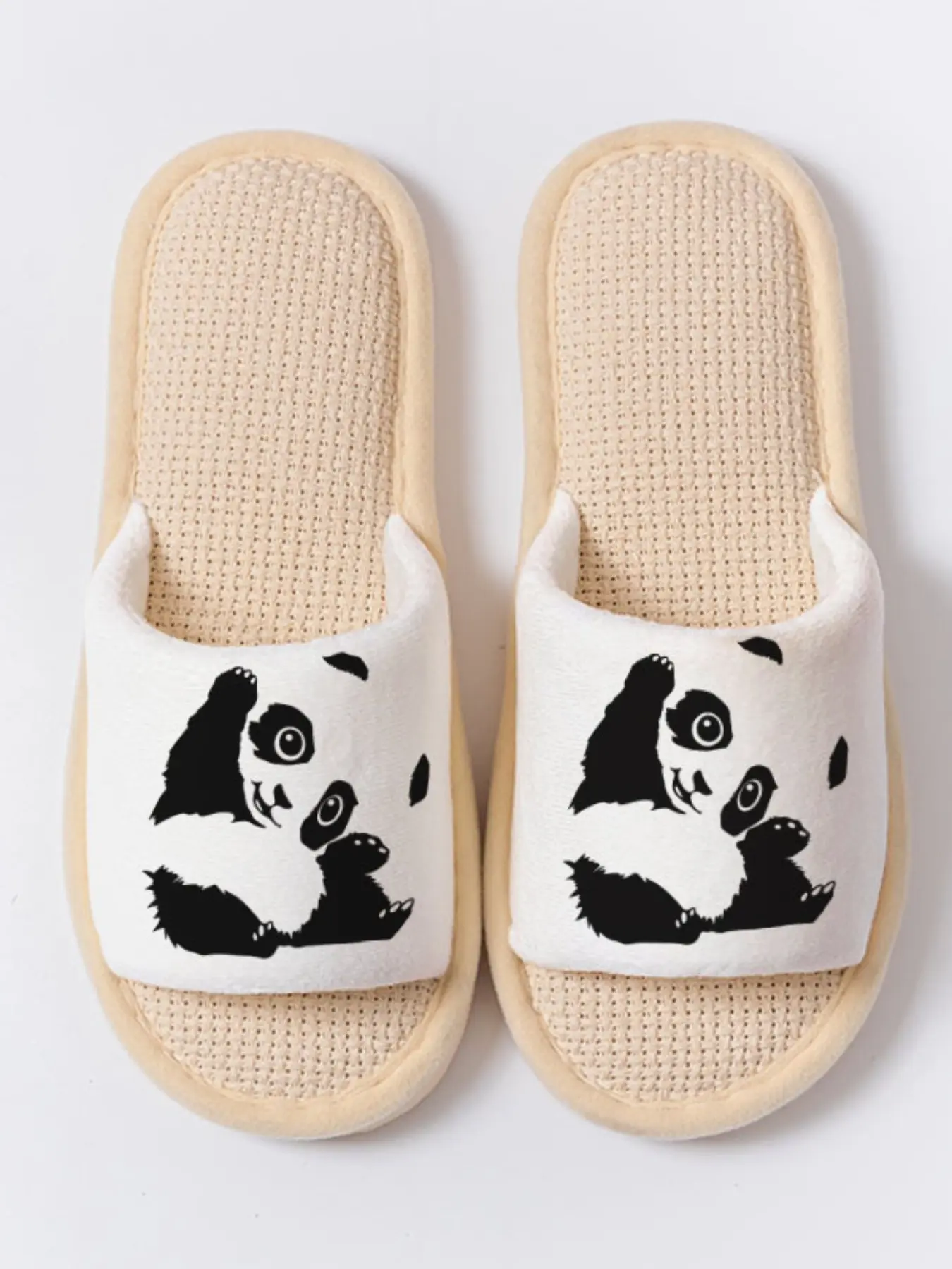 Cute Panda Chinese Style Cozy 1 Pair Breathable Linen Non-slip House Slippers, Casual Lightweight All Season Home Shoes For Men Women Family Guest Daily Wear