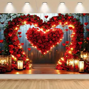 Valentine's Day Polyester Background Banner, Romantic Rose Heart Arch for Photography, Cultural Celebrations, Office & Classroom Decor