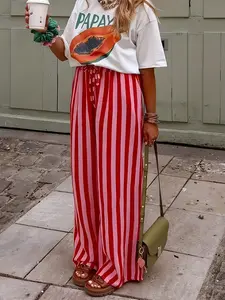 Fashion Striped Wide-Leg Pants Plus Size Casual Elastic Waist Loose Fit Trousers, Lightweight Breathable Fabric, Y2K Clothes Summer Outfits, Trendy Vacation Daily Wear, Comfortable Flowy Fit Streetwear Bottoms, Casual Comfy Pants
