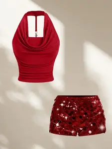 Summer Sexy Backless Metal Chain Buckle Halter Top, Fashionable Bling Hot Pants Short Set, Two-Piece for Women