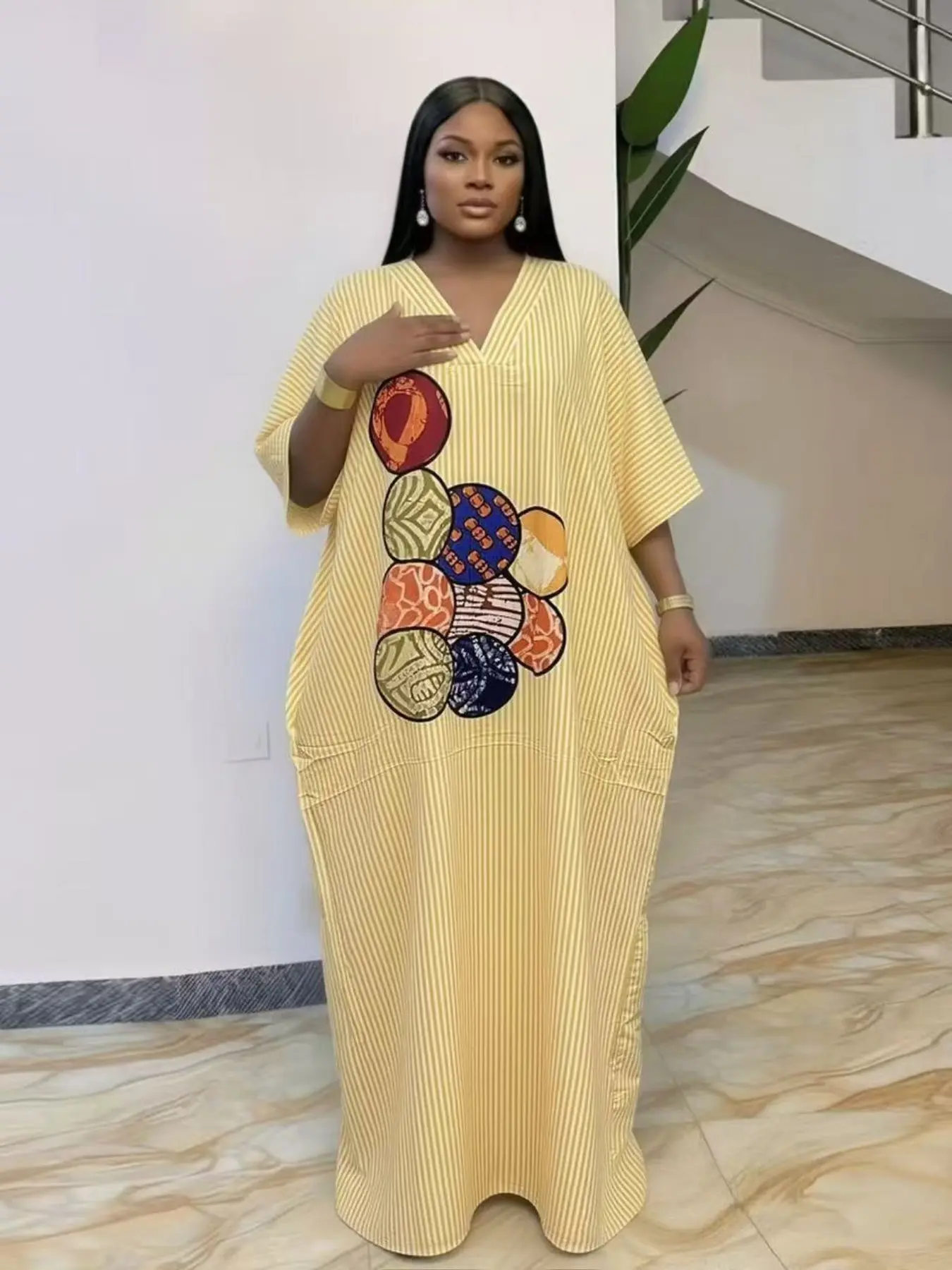 Plus Size V Neck Casual Loose Striped Print Women's Boubou Dress, Fashion Simple Party Daily Beach Summer Vacation Wear, Headscarf Pocket Included, Casual Dresses