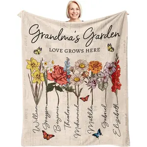 Personalized Grandma Blanket with Grandkids Names, Grandma's Love Grows Here, Birth Month Flowers Blanket with Family Names, Nana Gift, Grandma Gifts