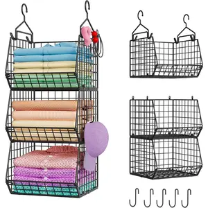 X-cosrack 3-Tier Hanging Closet Organizer, Laundry Room Organization | Space Saving Shelves with 1.65" Hook & 5 S-Hooks | Hanging Wire Baskets (12.4" W x 8.8" H x 10.24-11.8" D)