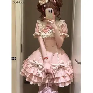 Japanese Sweet Lolita Kawaii Elegant Dress Women Princess  Bow Fake Two Piece Dresses Female Korea Style Design Chic Outfits