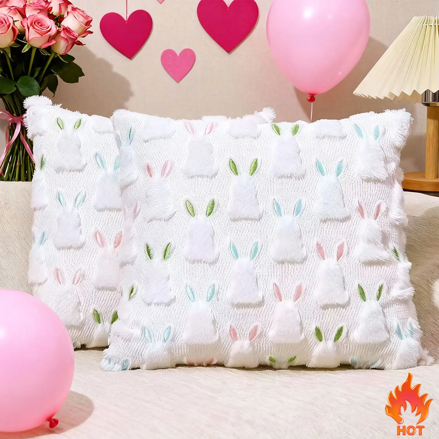 2 Pcs 18x18 in Soft Plush Faux Fur Jacquard Pillow Covers, White Rabbit Design Decorative Cushions - Festive Touch for Bedroom Sofa, Soft Plush Makes Lounging Cozy, Rabbit Motif Brings Easter Charm Home Decor