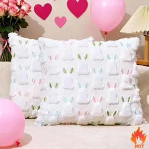 2 Pcs Valentine's Day Pillow Covers 18x18 inch Easter Decorations Color Ears White Rabbit Soft Plush Faux Fur Jacquard Throw Pillows for Bedroom Sofa Holiday Festivals Home Decor
