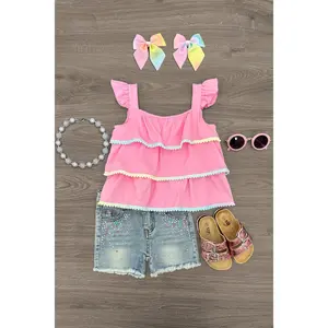 Pink Pom Pom Gemstone Denim Short Set