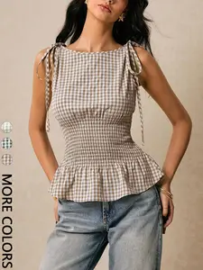 Women's Top Plaid Waist Top Boat Neck Waist Tie Ruffle Hem Shoulder Tie Tank Top Summer Cute Y2k Commute Daily Elastic