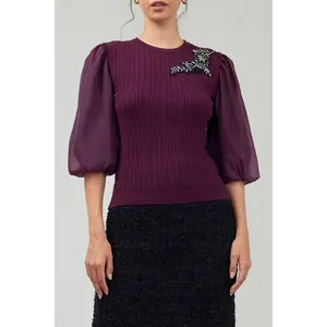 Organza sleeve Women combo  burgundy sweater Casual Fabric Lightweight Nylon Soft Womenswear Chic Elegance Evening Jeans