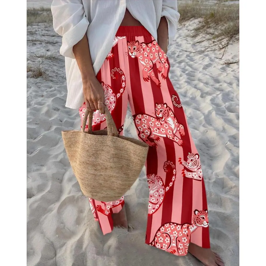 Women's Bohemian Palazzo Pants - Vibrant Leopard Print Wide-Leg, Tropical T-Shirt-Friendly, Everyday Lady Outdoor Spring Statements, Lightweight