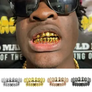 Grillz Gold Grills for Your Teeth Fake Teeth 18K Gold Plated Iced out 8 Top Teeth 8 Bottom Tooth Grillz for Men Women Hip Hop Rapper Costume