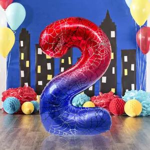 Giant Spider Theme Number Balloon, 40 Inch Gradient Blue Foil Balloon, Spider Web Print Design, Superhero Party Decorations