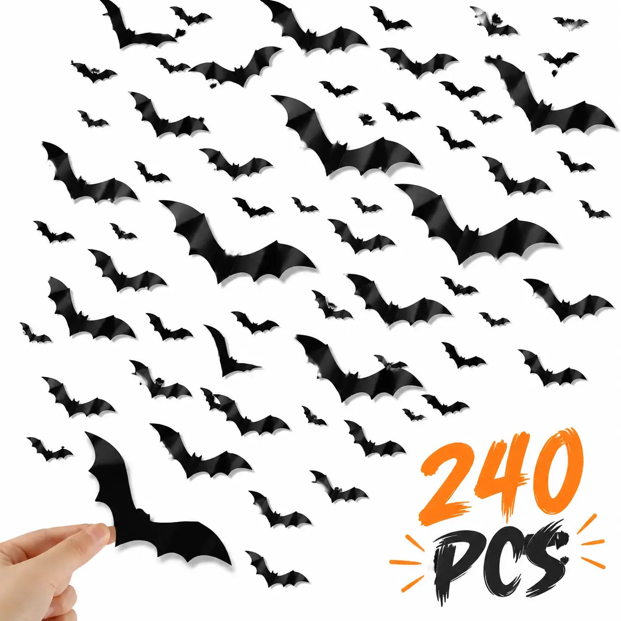 240PCS Halloween Bat Decorations, 3D Black Bat Wall Stickers with 4 Sizes, Removable PVC Flying Bat Decals for Halloween Party, Home Wall Window Decor DIY Spooky Aesthetic