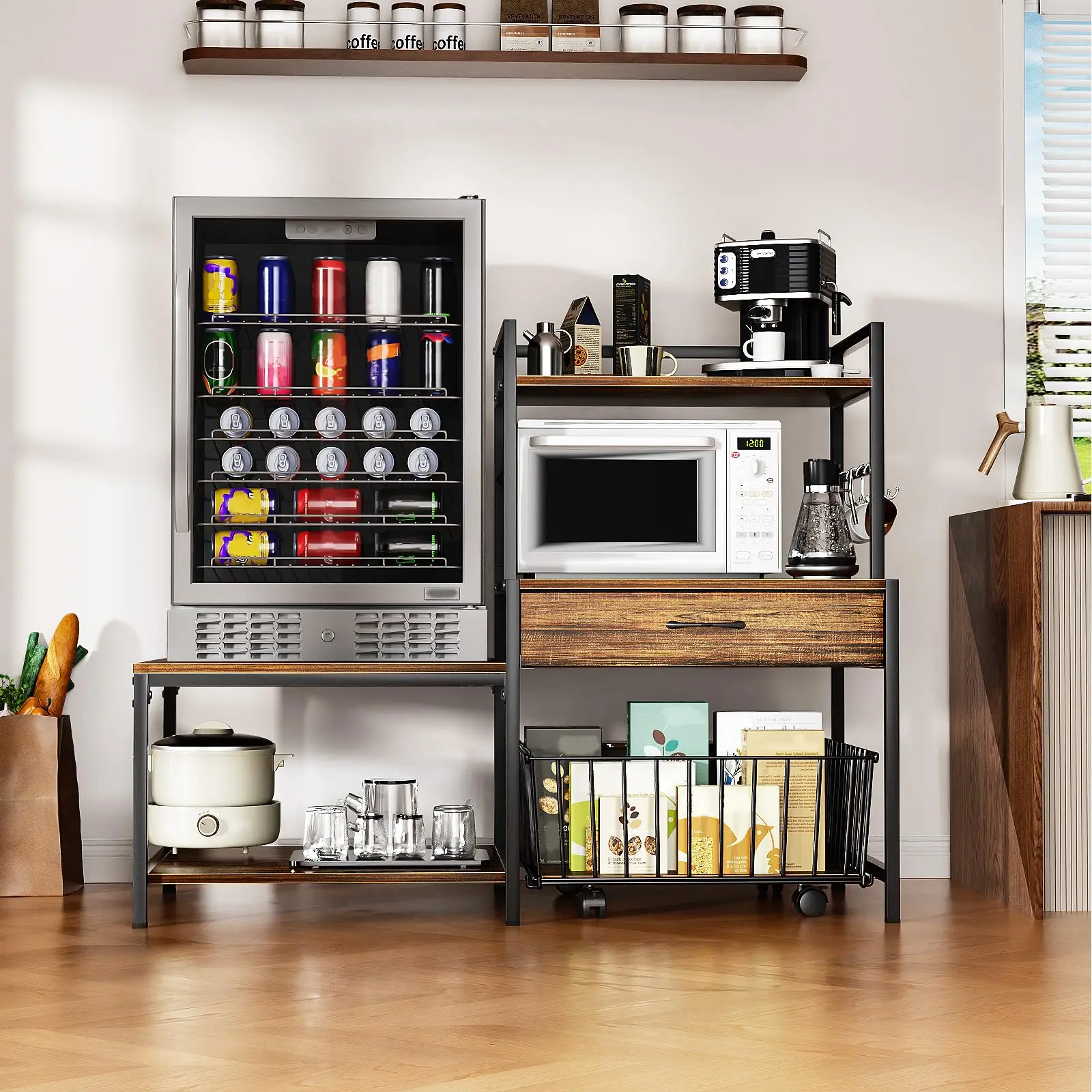 Heavy-Duty Modern Mini Fridge & Microwave Oven Stand Cabinet with Drawer Storage Organizer, Adjustable Shelving, Built-In Power Outlets, Movable Basket, Easy Assembly, High Load-Bearing Multi-Section Wine Cabinet for Dorm, Home Use