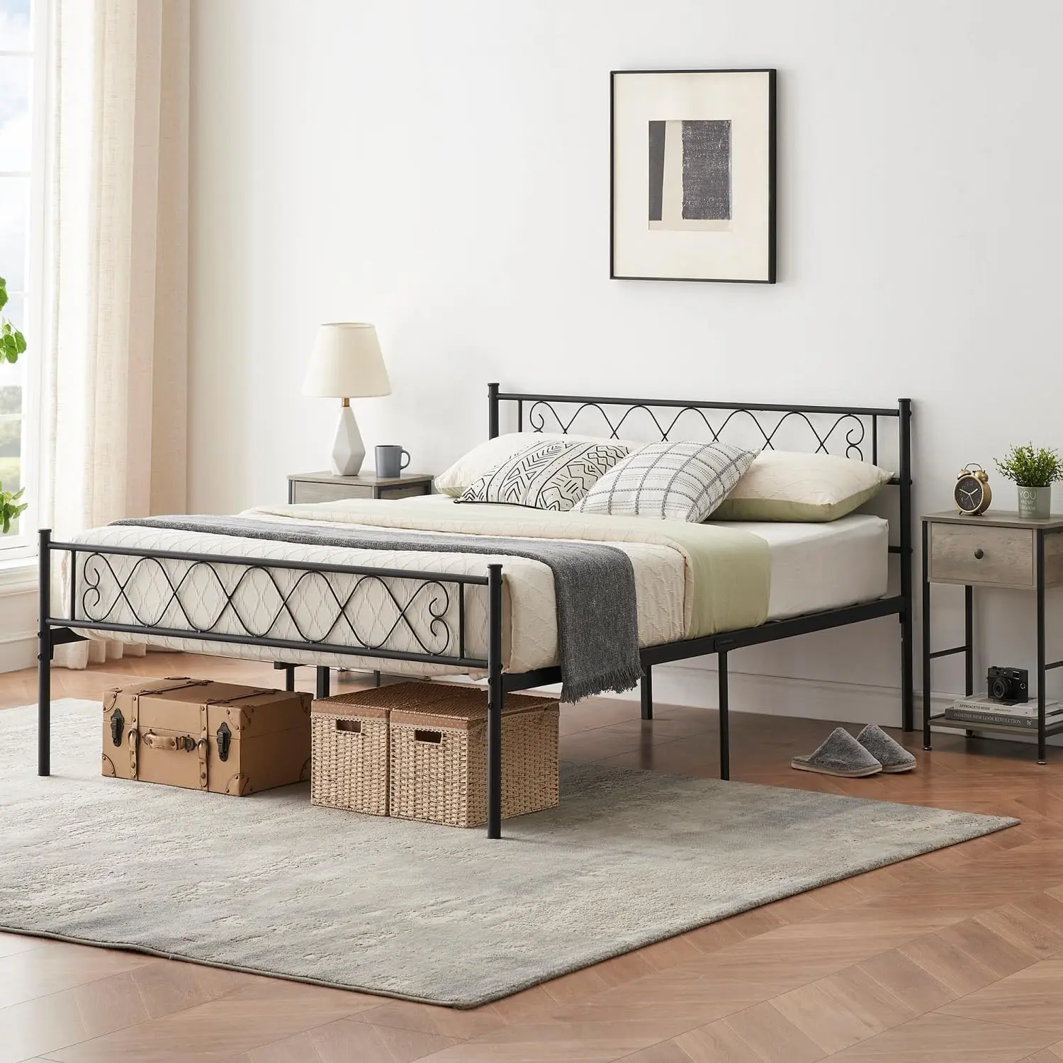 Full Size Metal Bed Frame with Heart-Shaped Iron Headboard & Footboard, 12 in Underbed Storage, Sturdy Steel Support Elevated Hotel-like Riser Bed Frame, Metal Bed Frames, Elevated Bed Frames