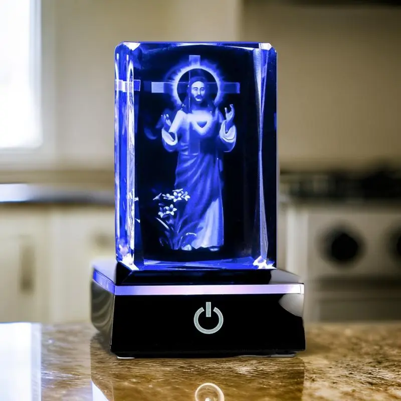 Christianity Sacred Heart of Jesus LED Light Lamp Holder - Crystal Glass Ball Ornament, Home Religious Room Decor, Christian Gift for Adults