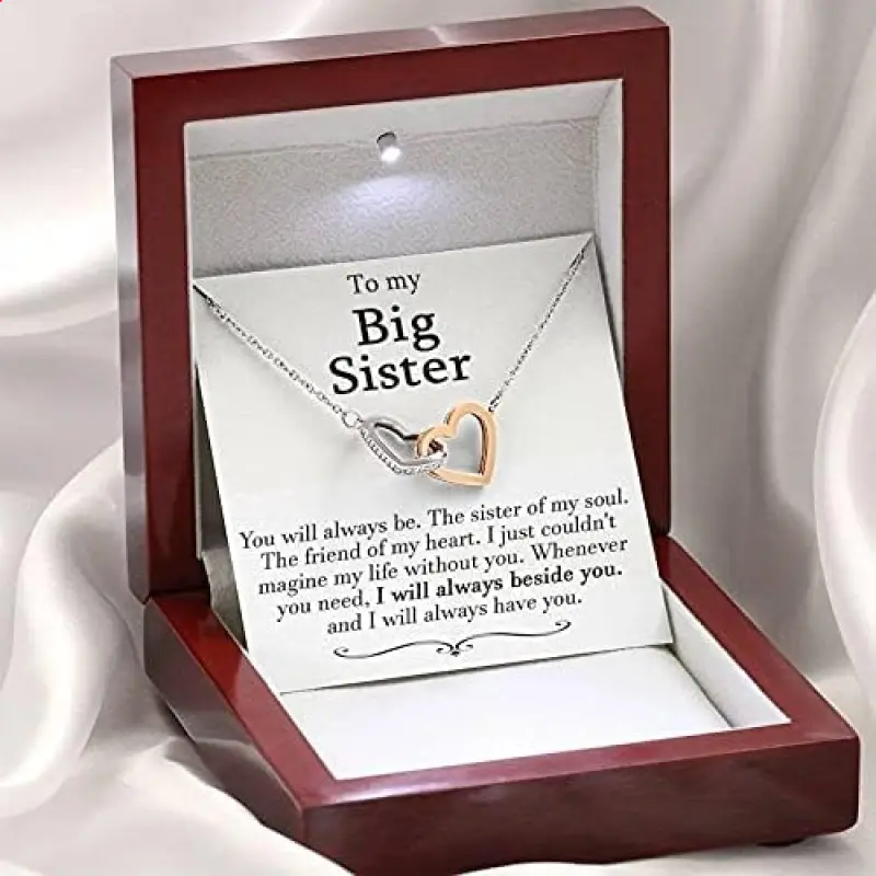 Big Sister and Little Sister Necklace, Big Sis Lil Sis Gift, Matching Sister Necklaces, Christmas for sister, Sister to Sister Gift, Interlocking Hearts Necklace I will always beside you. Necklace Jewelry With Meaningful Messages Card & Box