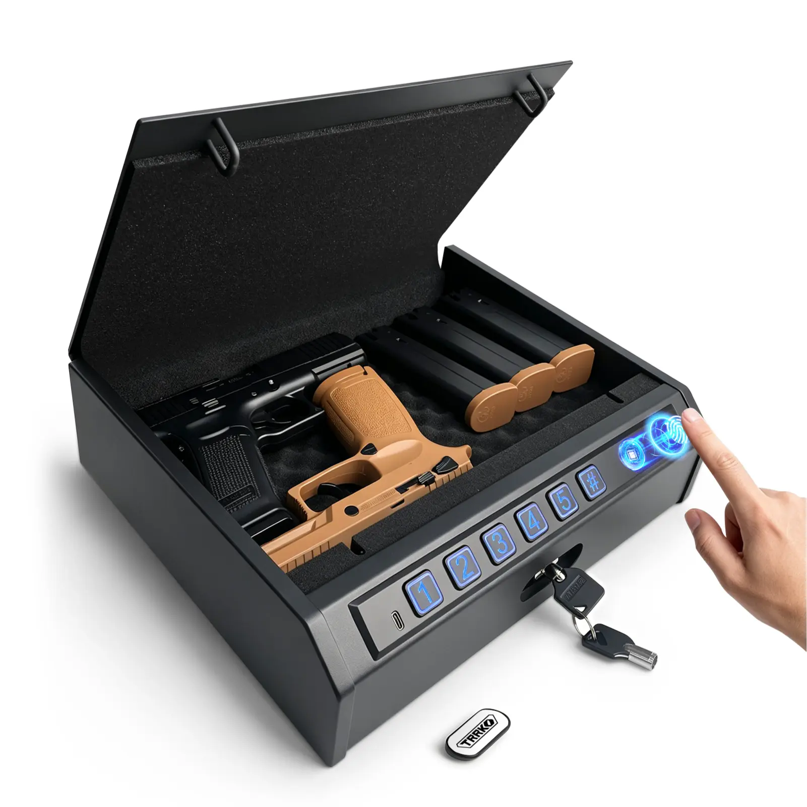 TRRKO Biometric Handgun Safe - Quick Access Fingerprint Lock Box for 2 Pistols, Silent Mode, LED Light, Steel Cable, Suitable for Nightstands, Cars, Closets, Travel Use