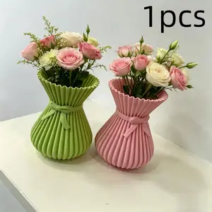 Modern Aesthetic Pleated Vase with Bow Detail, Decorative Flower Container, Cute Tabletop Vase Set for Bedroom, Living Room, Wedding & Farmhouse Decor