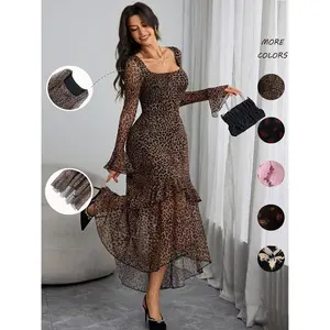 Women's Leopard Print Ruffle Trim Dress, Elegant Fashion Casual Square Neck Long Sleeve Dress for Daily Outdoor Wear, Women Dress for All Seasons, Milkmaid Dress
