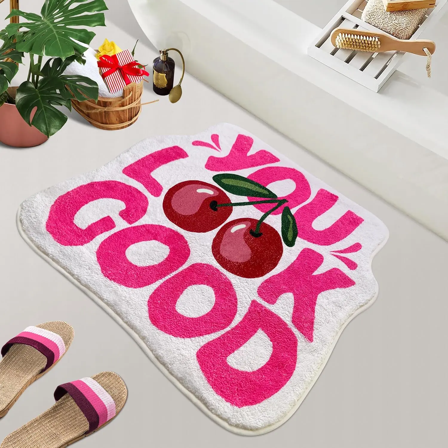 You Look Good Bath Mat Cute Cherry Funny Bathroom Rug, Soft Absorbent Water Non Slip, Superior Washable Microfiber Cool Shower Preppy Decor Rug (21"x25"Pink)