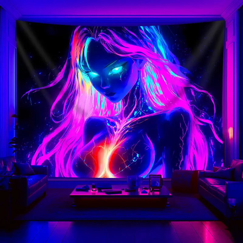 Glow-in-the-Dark Anime Tapestry - UV Reactive Fluorescent Wall Hanging with Vibrant Graffiti Art, Large Peach Light Beige Fabric for Bedroom, Party & Festival Decor, No Installation Needed, Anime Wall Art, Bedroom Decoration, Glow In Da
