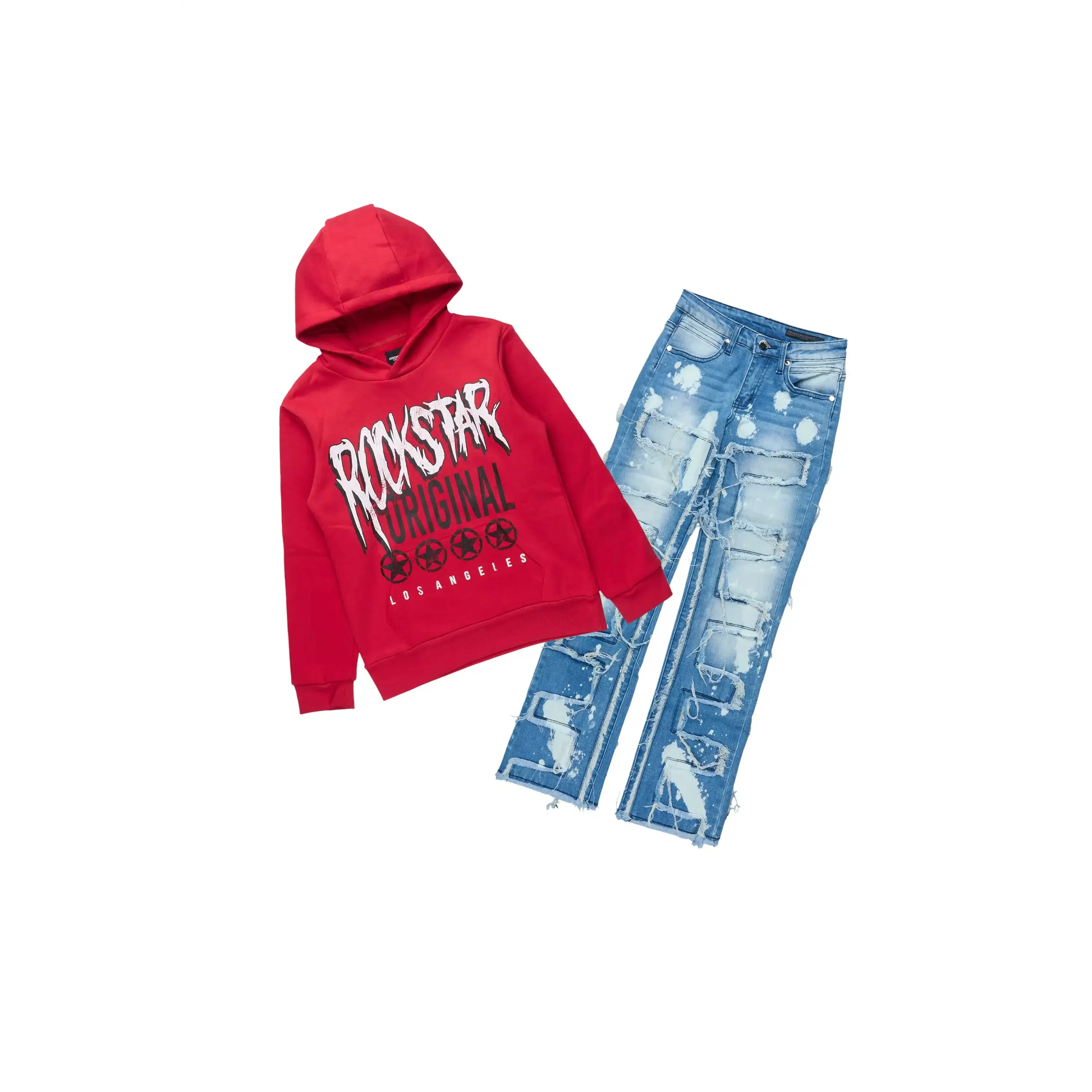 Boys Wizzurd Red Hoodie & Laban Blue Bleach Stacked Jean Set